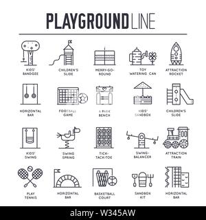 Set of playground thin line icons isolated on white. Games and toys in children`s zone outline pictograms collection. Kid`s activities in playpit, amu Stock Vector